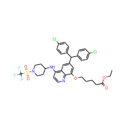 CCOC(=O)CCCCOc1cc(C(c2ccc(Cl)cc2)c2ccc(Cl)cc2)cc2c(NC3CCN(S(=O)(=O)C(F)(F)F)CC3)ccnc12 ZINC001772617552