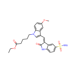 CCOC(=O)CCCCn1cc(/C=C2\C(=O)Nc3ccc(S(N)(=O)=O)cc32)c2cc(OC)ccc21 ZINC000013538978