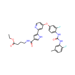 CCOC(=O)CCCNC(=O)c1c[nH]c(-c2cc(Oc3ccc(NC(=O)Nc4cc(C)ccc4F)c(F)c3)ccn2)c1 ZINC000116235778