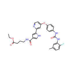 CCOC(=O)CCCNC(=O)c1c[nH]c(-c2cc(Oc3ccc(NC(=O)Nc4cc(C)ccc4F)cc3)ccn2)c1 ZINC000168864485