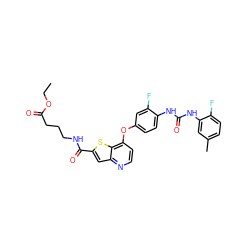 CCOC(=O)CCCNC(=O)c1cc2nccc(Oc3ccc(NC(=O)Nc4cc(C)ccc4F)c(F)c3)c2s1 ZINC000219977372