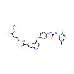 CCOC(=O)CCCNC(=O)c1cc2nccc(Oc3ccc(NC(=O)Nc4cc(C)ccc4F)cc3)c2s1 ZINC000220047888