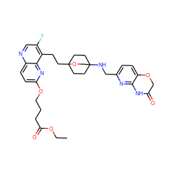 CCOC(=O)CCCOc1ccc2ncc(F)c(CCC34CCC(NCc5ccc6c(n5)NC(=O)CO6)(CC3)CO4)c2n1 ZINC000149258183