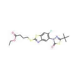 CCOC(=O)CCCSc1nc2cc(-n3nc(C(C)(C)C)sc3=O)c(F)cc2s1 ZINC000082150560