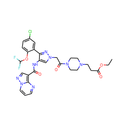 CCOC(=O)CCN1CCN(C(=O)Cn2cc(NC(=O)c3cnn4cccnc34)c(-c3cc(Cl)ccc3OC(F)F)n2)CC1 ZINC001772647865