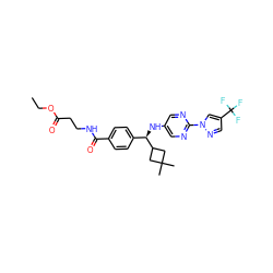 CCOC(=O)CCNC(=O)c1ccc([C@@H](Nc2cnc(-n3cc(C(F)(F)F)cn3)nc2)C2CC(C)(C)C2)cc1 ZINC000145380483