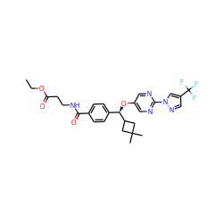 CCOC(=O)CCNC(=O)c1ccc([C@@H](Oc2cnc(-n3cc(C(F)(F)F)cn3)nc2)C2CC(C)(C)C2)cc1 ZINC000145381128