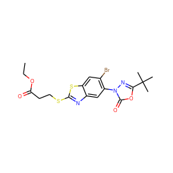 CCOC(=O)CCSc1nc2cc(-n3nc(C(C)(C)C)oc3=O)c(Br)cc2s1 ZINC000073388667