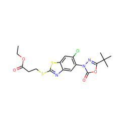 CCOC(=O)CCSc1nc2cc(-n3nc(C(C)(C)C)oc3=O)c(Cl)cc2s1 ZINC000073197226