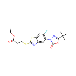 CCOC(=O)CCSc1nc2cc(-n3nc(C(C)(C)C)oc3=O)c(F)cc2s1 ZINC000082152281