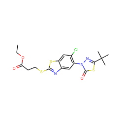 CCOC(=O)CCSc1nc2cc(-n3nc(C(C)(C)C)sc3=O)c(Cl)cc2s1 ZINC000082156344