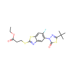 CCOC(=O)CCSc1nc2cc(-n3nc(C(C)(C)C)sc3=O)c(F)cc2s1 ZINC000082150556