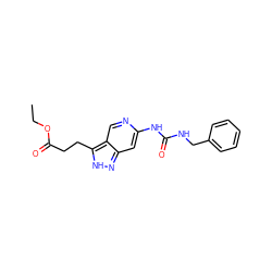 CCOC(=O)CCc1[nH]nc2cc(NC(=O)NCc3ccccc3)ncc12 ZINC000218530292