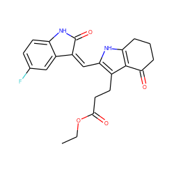 CCOC(=O)CCc1c(/C=C2\C(=O)Nc3ccc(F)cc32)[nH]c2c1C(=O)CCC2 ZINC000058582142