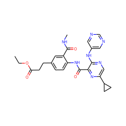 CCOC(=O)CCc1ccc(NC(=O)c2nc(C3CC3)cnc2Nc2cncnc2)c(C(=O)NC)c1 ZINC000169701930