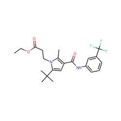 CCOC(=O)CCn1c(C(C)(C)C)cc(C(=O)Nc2cccc(C(F)(F)F)c2)c1C ZINC000205359045