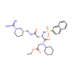 CCOC(=O)CN(C(=O)[C@H](CC(=O)NC[C@@H]1CCCN(C(=N)N)C1)NS(=O)(=O)c1ccc2ccccc2c1)C1CCCCC1 ZINC000027308560