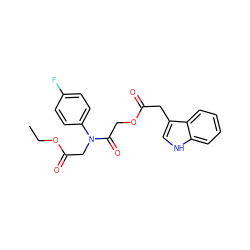 CCOC(=O)CN(C(=O)COC(=O)Cc1c[nH]c2ccccc12)c1ccc(F)cc1 ZINC000010634597