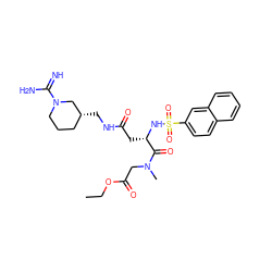 CCOC(=O)CN(C)C(=O)[C@H](CC(=O)NC[C@@H]1CCCN(C(=N)N)C1)NS(=O)(=O)c1ccc2ccccc2c1 ZINC000027305990