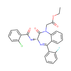 CCOC(=O)CN1C(=O)[C@@H](NC(=O)c2ccccc2Cl)N=C(c2ccccc2F)c2ccccc21 ZINC000013732579