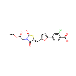 CCOC(=O)CN1C(=O)S/C(=C\c2ccc(-c3ccc(C(=O)O)c(Cl)c3)o2)C1=O ZINC000002989338