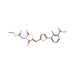 CCOC(=O)CN1C(=O)S/C(=C\c2ccc(-c3cccc(C(=O)O)c3C)o2)C1=O ZINC000000981428