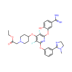 CCOC(=O)CN1CCC(Oc2c(F)c(Oc3cccc(C4=NCCN4C)c3)nc(Oc3cc(C(=N)N)ccc3O)c2F)CC1 ZINC000027182236