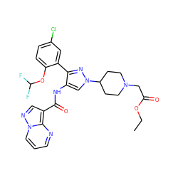 CCOC(=O)CN1CCC(n2cc(NC(=O)c3cnn4cccnc34)c(-c3cc(Cl)ccc3OC(F)F)n2)CC1 ZINC001772585516