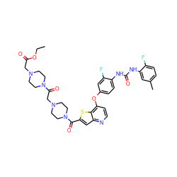 CCOC(=O)CN1CCN(C(=O)CN2CCN(C(=O)c3cc4nccc(Oc5ccc(NC(=O)Nc6cc(C)ccc6F)c(F)c5)c4s3)CC2)CC1 ZINC000220020482