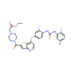 CCOC(=O)CN1CCN(C(=O)c2cc3nccc(Oc4ccc(NC(=O)Nc5cc(C)ccc5F)c(F)c4)c3s2)CC1 ZINC000220020535