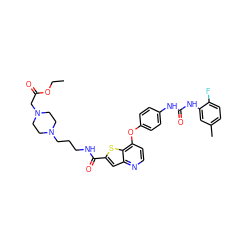 CCOC(=O)CN1CCN(CCCNC(=O)c2cc3nccc(Oc4ccc(NC(=O)Nc5cc(C)ccc5F)cc4)c3s2)CC1 ZINC000220005831