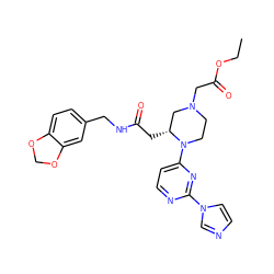 CCOC(=O)CN1CCN(c2ccnc(-n3ccnc3)n2)[C@H](CC(=O)NCc2ccc3c(c2)OCO3)C1 ZINC000035270698