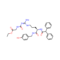 CCOC(=O)CNC(=O)/N=C(/N)NCCC[C@@H](NC(=O)C(c1ccccc1)c1ccccc1)C(=O)NCc1ccc(O)cc1 ZINC000042835343