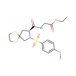 CCOC(=O)CNC(=O)[C@@H]1CC2(CN1S(=O)(=O)c1ccc(OC)cc1)SCCS2 ZINC000103249787