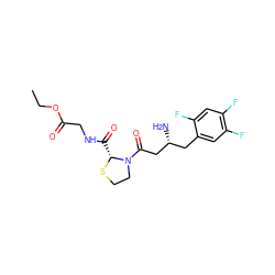 CCOC(=O)CNC(=O)[C@H]1SCCN1C(=O)C[C@H](N)Cc1cc(F)c(F)cc1F ZINC000066074880