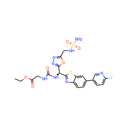 CCOC(=O)CNC(=O)N[C@@H](c1nnc(CNS(N)(=O)=O)o1)c1nc2ccc(-c3ccc(F)nc3)cc2s1 ZINC000206749623