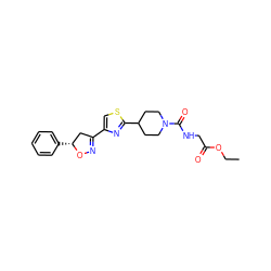 CCOC(=O)CNC(=O)N1CCC(c2nc(C3=NO[C@H](c4ccccc4)C3)cs2)CC1 ZINC000653851971