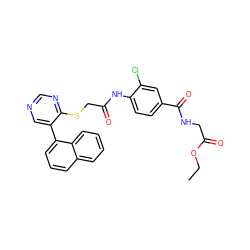 CCOC(=O)CNC(=O)c1ccc(NC(=O)CSc2ncncc2-c2cccc3ccccc23)c(Cl)c1 ZINC000299824492