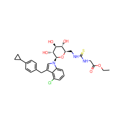 CCOC(=O)CNC(=S)NC[C@H]1O[C@@H](n2cc(Cc3ccc(C4CC4)cc3)c3c(Cl)cccc32)[C@H](O)[C@@H](O)[C@@H]1O ZINC000219446519