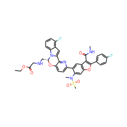 CCOC(=O)CNC[C@H]1Oc2ccc(-c3cc4c(C(=O)NC)c(-c5ccc(F)cc5)oc4cc3N(C)S(C)(=O)=O)nc2-c2cc3c(F)cccc3n21 ZINC000218278910