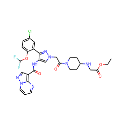 CCOC(=O)CNC1CCN(C(=O)Cn2cc(NC(=O)c3cnn4cccnc34)c(-c3cc(Cl)ccc3OC(F)F)n2)CC1 ZINC001772596309