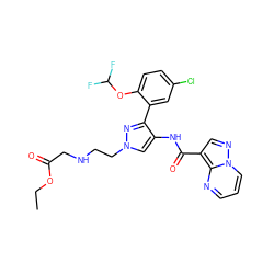 CCOC(=O)CNCCn1cc(NC(=O)c2cnn3cccnc23)c(-c2cc(Cl)ccc2OC(F)F)n1 ZINC001772624825