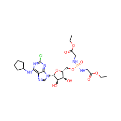 CCOC(=O)CNP(=O)(NCC(=O)OCC)OC[C@H]1O[C@@H](n2cnc3c(NC4CCCC4)nc(Cl)nc32)[C@H](O)[C@@H]1O ZINC000095557138