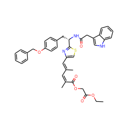 CCOC(=O)COC(=O)/C(C)=C\C(C)=C\c1csc([C@H](Cc2ccc(OCc3ccccc3)cc2)NC(=O)Cc2c[nH]c3ccccc23)n1 ZINC000169322013