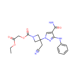 CCOC(=O)COC(=O)N1CC(CC#N)(n2cc(C(N)=O)c(Nc3ccccc3)n2)C1 ZINC000222091915