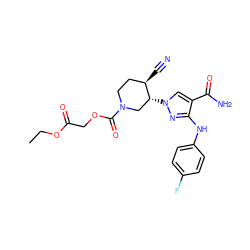 CCOC(=O)COC(=O)N1CC[C@@H](C#N)[C@H](n2cc(C(N)=O)c(Nc3ccc(F)cc3)n2)C1 ZINC000221256923