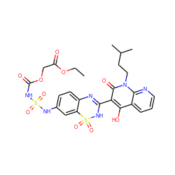 CCOC(=O)COC(=O)NS(=O)(=O)Nc1ccc2c(c1)S(=O)(=O)NC(c1c(O)c3cccnc3n(CCC(C)C)c1=O)=N2 ZINC000150553412