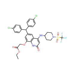 CCOC(=O)COc1cc(C(c2ccc(Cl)cc2)c2ccc(Cl)cc2)cc2c(NC3CCN(S(=O)(=O)C(F)(F)F)CC3)cc(=O)[nH]c12 ZINC001772657425