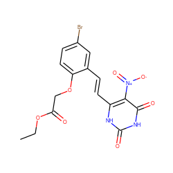 CCOC(=O)COc1ccc(Br)cc1/C=C/c1[nH]c(=O)[nH]c(=O)c1[N+](=O)[O-] ZINC000012413402