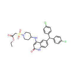 CCOC(=O)CS(=O)(=O)N1CCC(Nc2cc(=O)[nH]c3ccc(C(c4ccc(Cl)cc4)c4ccc(Cl)cc4)cc23)CC1 ZINC001772633452